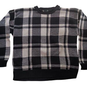 Vintage Large Cotton Sweater 1990's Men's Hunt Club Plaid Black & White Large
